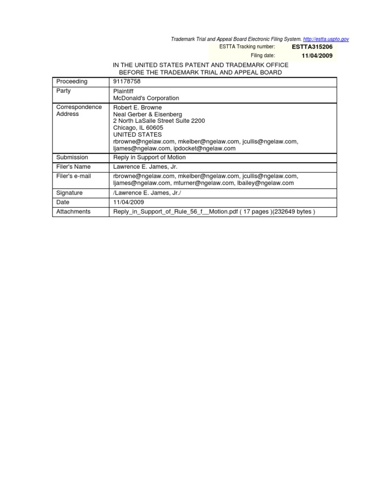 McDonald's Motion for Discovery in TTAB Case | PDF | Discovery (Law ...
