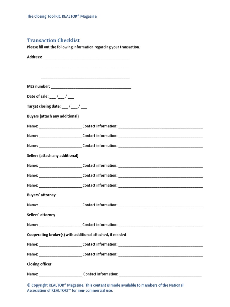 Real Estate Closing Transaction Checklist