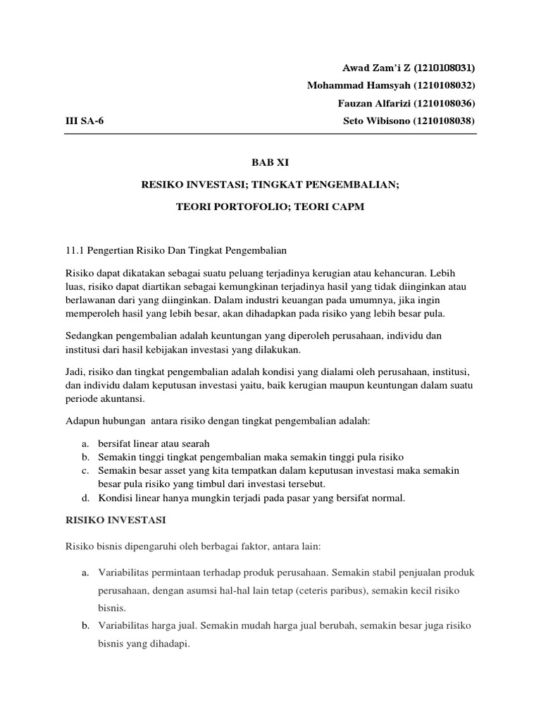 Mankeu Resiko Investasi Tingkat Pengembalian Teori Portofolio Teori Capm