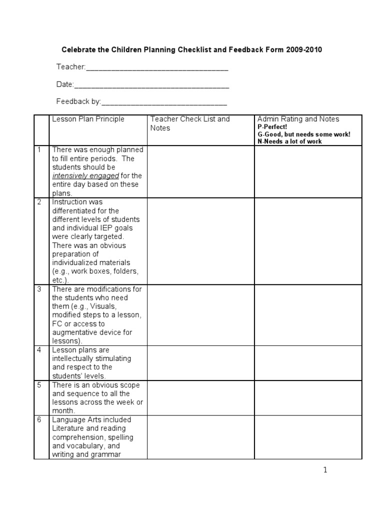 CTC Lesson Plan Checklist Feedback Form[1] Lesson Plan Reading