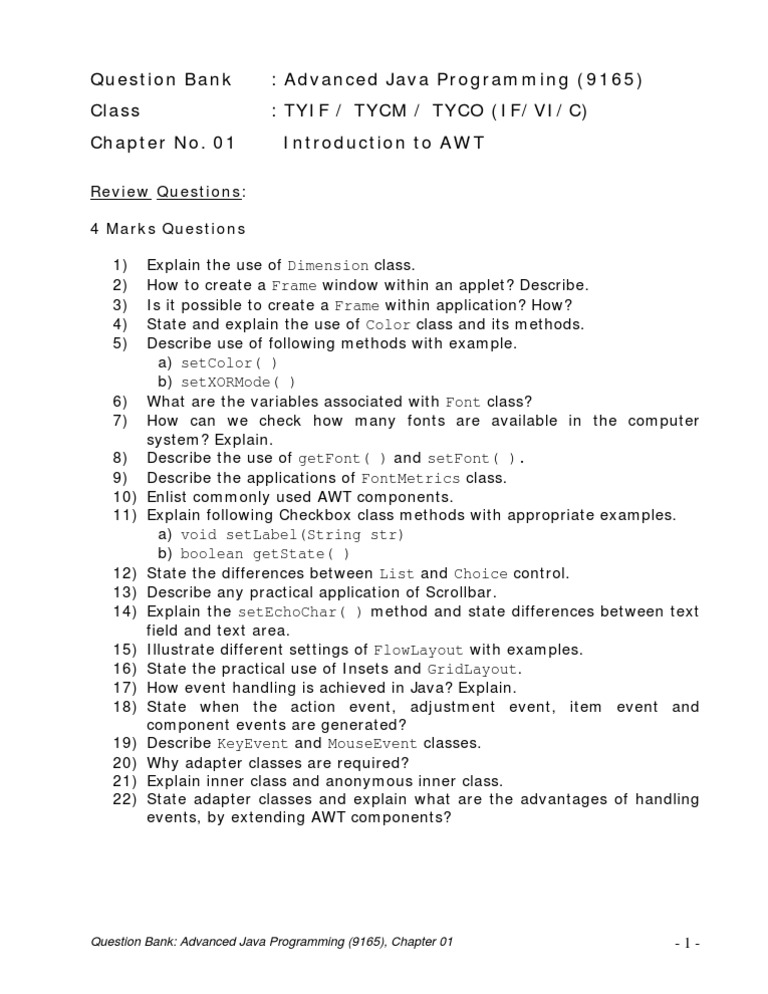 Advanced Java AWT Question Bank | PDF