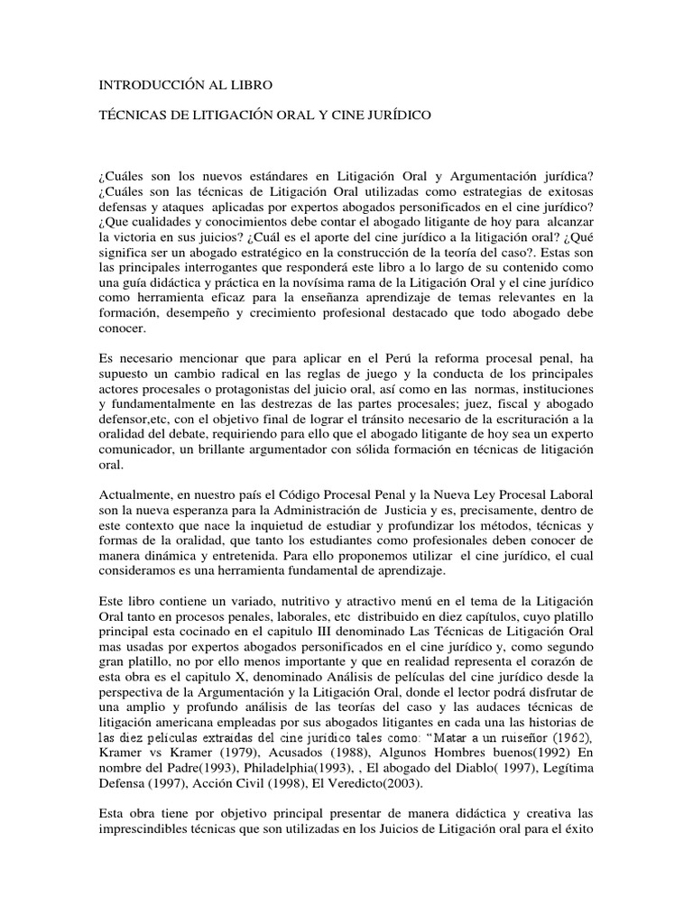 Tecnicas De Litigacion Oral Y Cine Juridico Pdf Ley Procesal