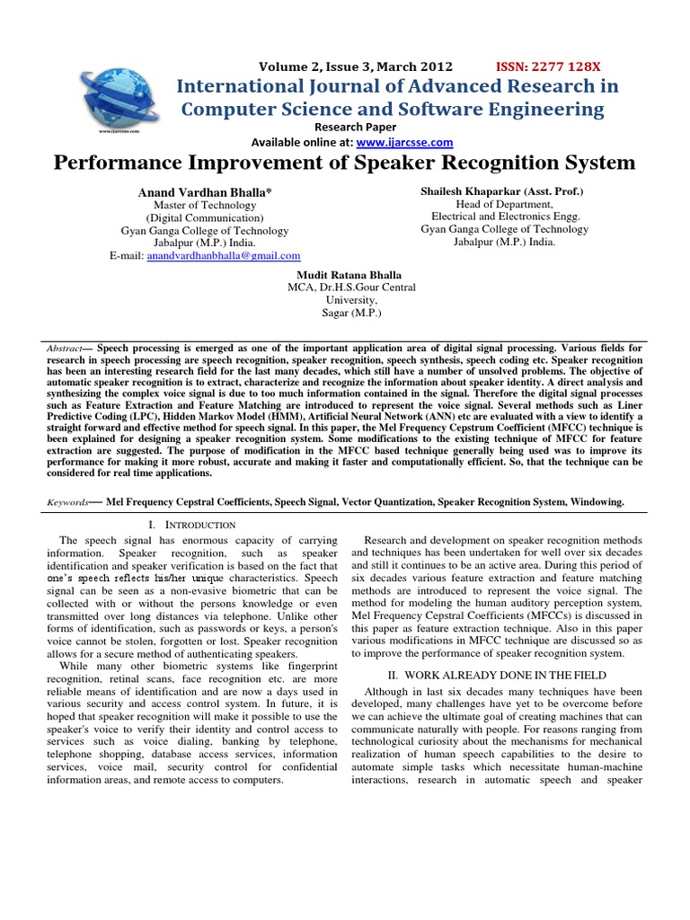 Performance Improvement of Speaker Recognition System | PDF | Spectral ...