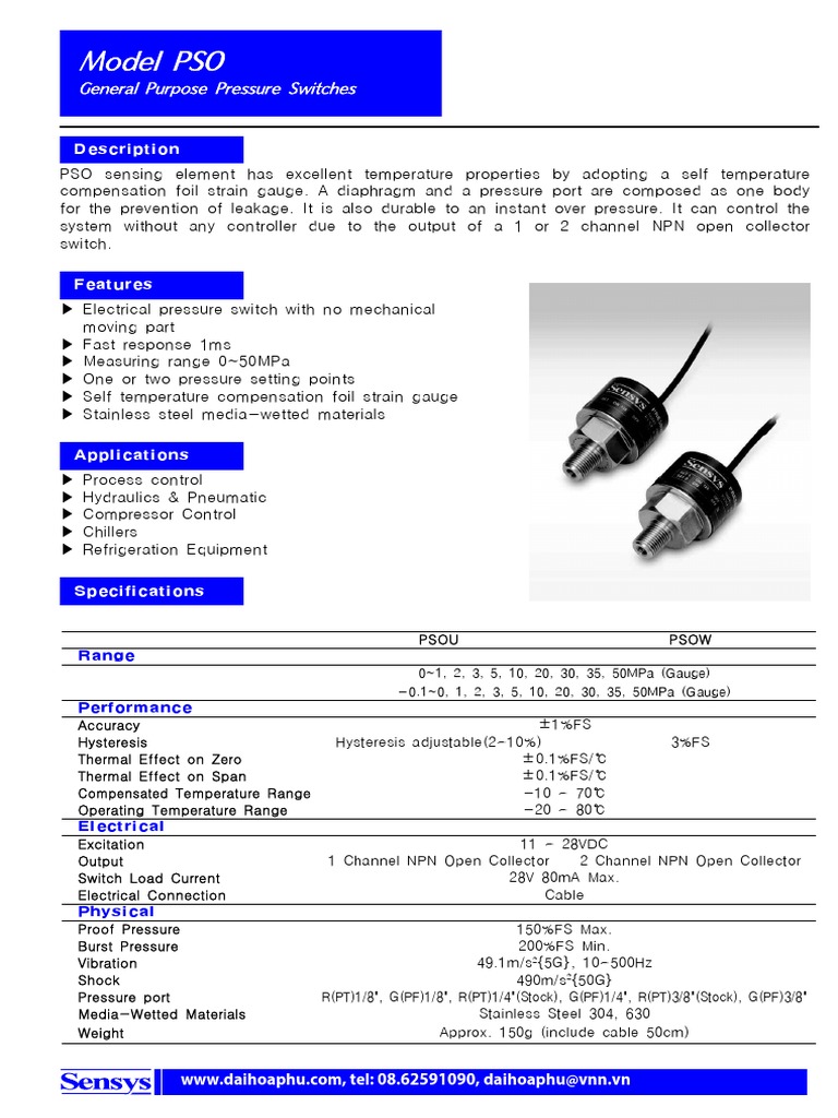 General Purpose Pressure Switches Technical Specifications and