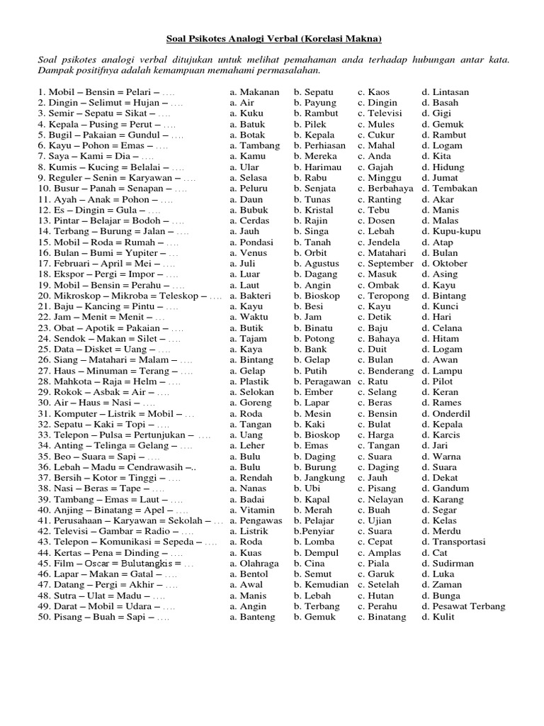 Contoh Soal Analogi Verbal