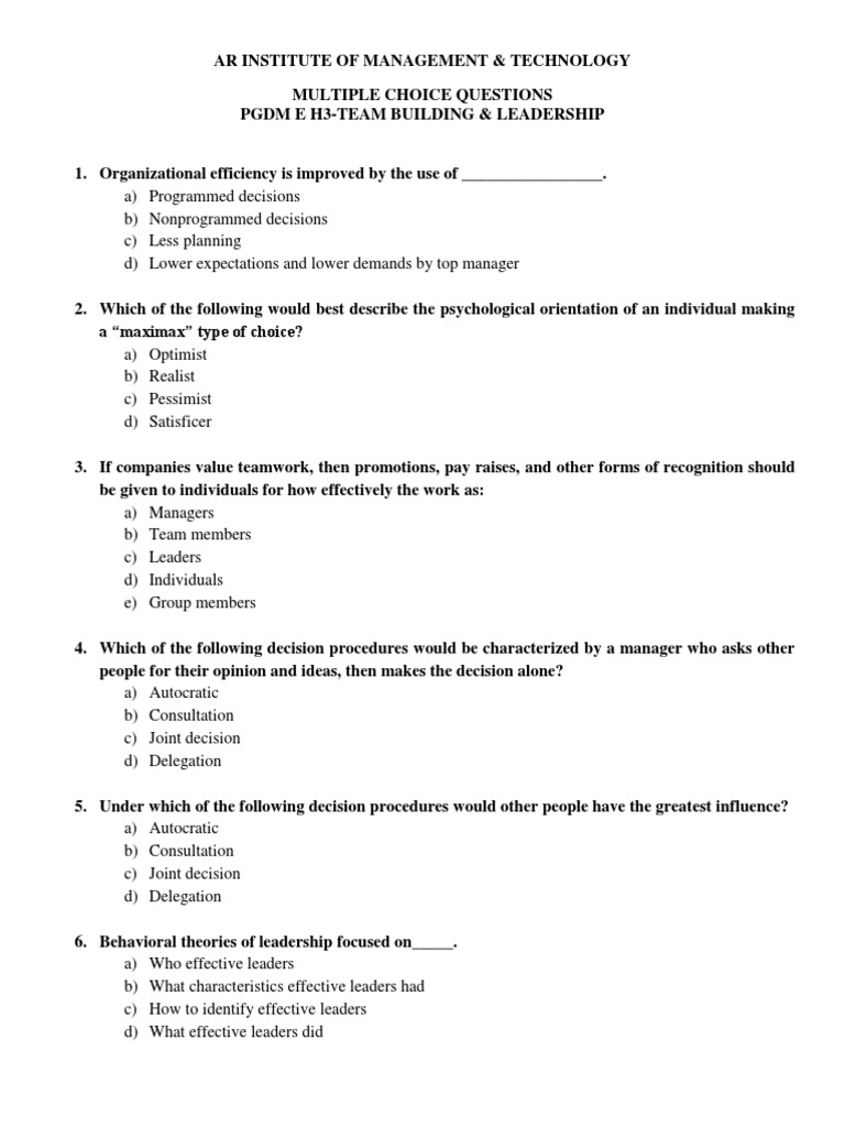 Team Building & Leadership MCQs | PDF | Leadership | Decision Making