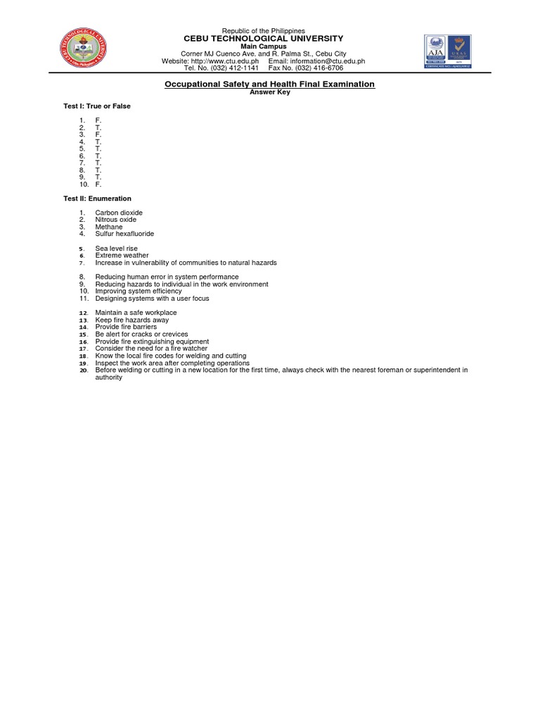 OSH Final Exam Answer Key | PDF | Technology & Engineering