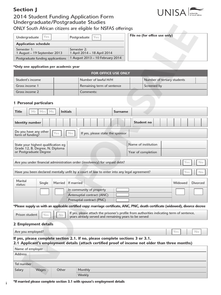 UNISA NSFAS 2014 Application Form PDF Government Information Government