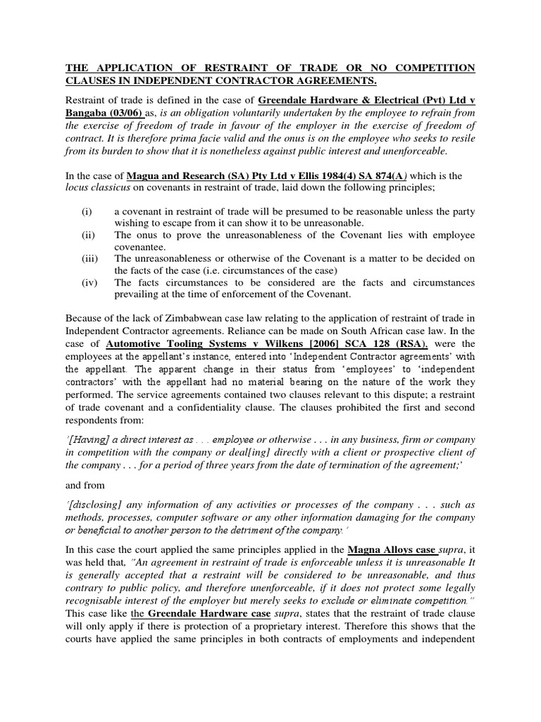 The Application of Restraint of Trade or No Competition Clauses in Independent Contractor