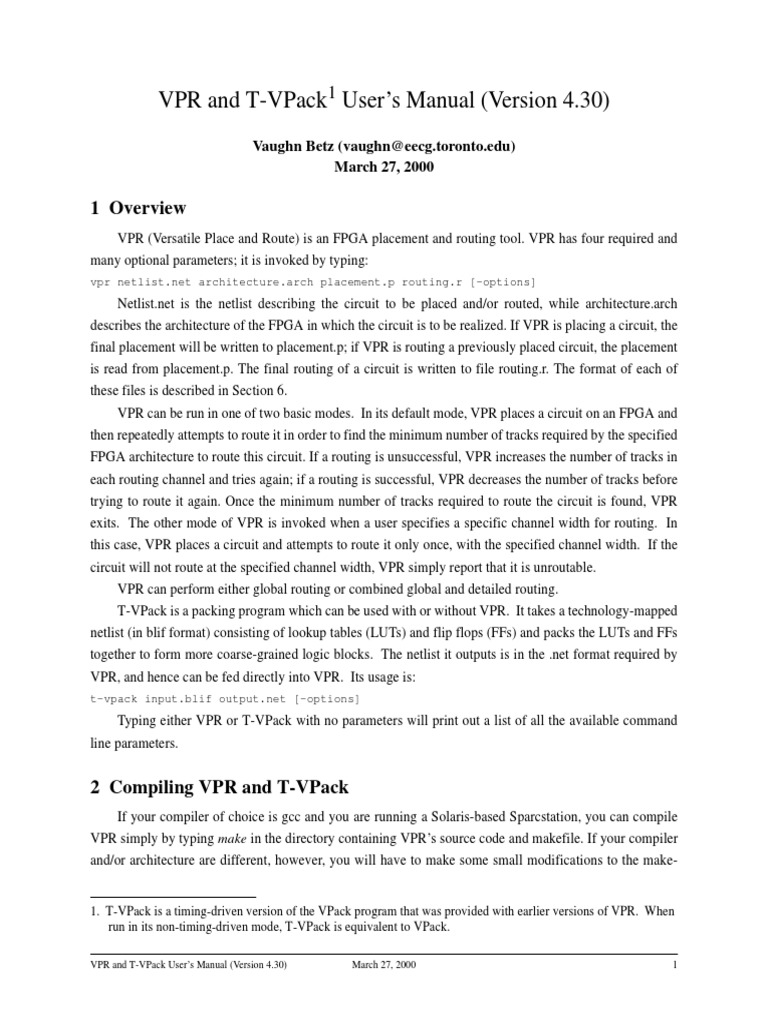VPR and T-Vpack User'S Manual (Version 4.30) : 1 Overview | PDF | Field ...
