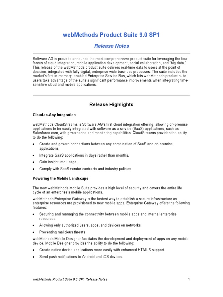 9-0-SP1 WebMethods Release Notes | PDF | Share Point | Cloud Computing