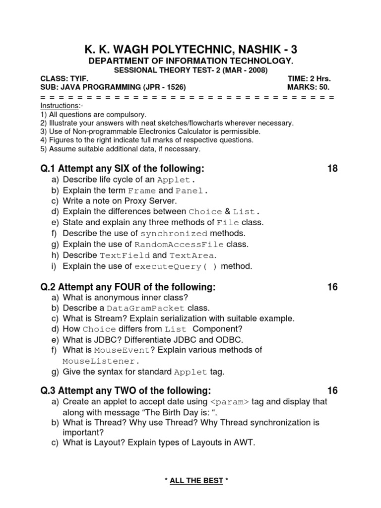 Java Programming Sessional Test 2008 | PDF | Teaching Methods ...