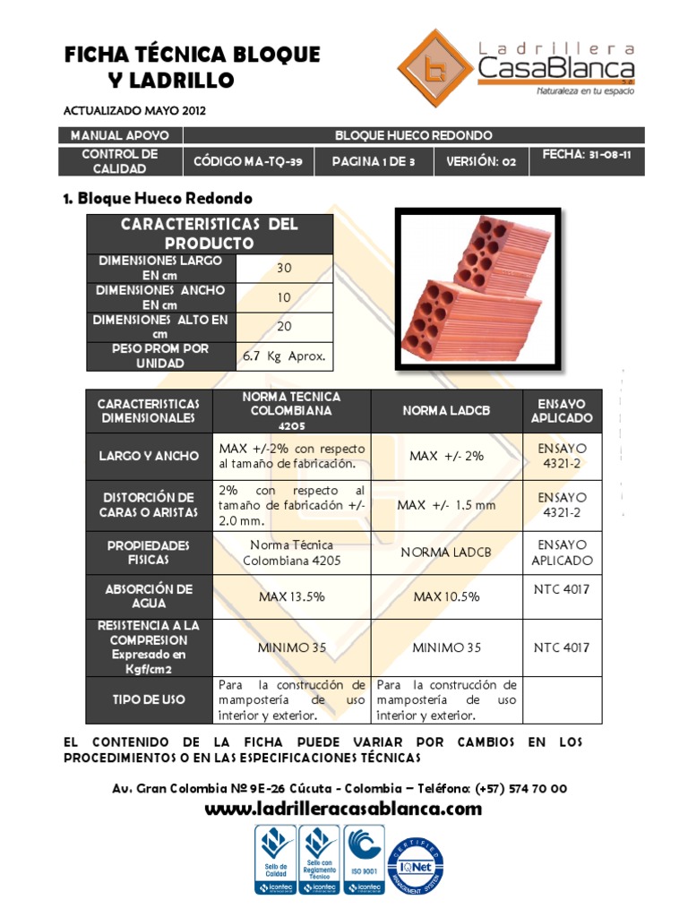 Ficha Tecnica Bloque y Ladrillo Ladrillo