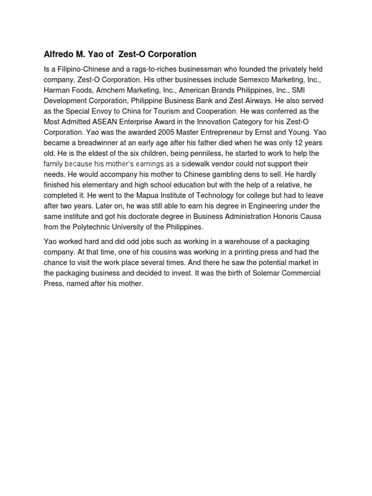 Alfredo M. Yao of ZestO Corporation PDF Business Economies