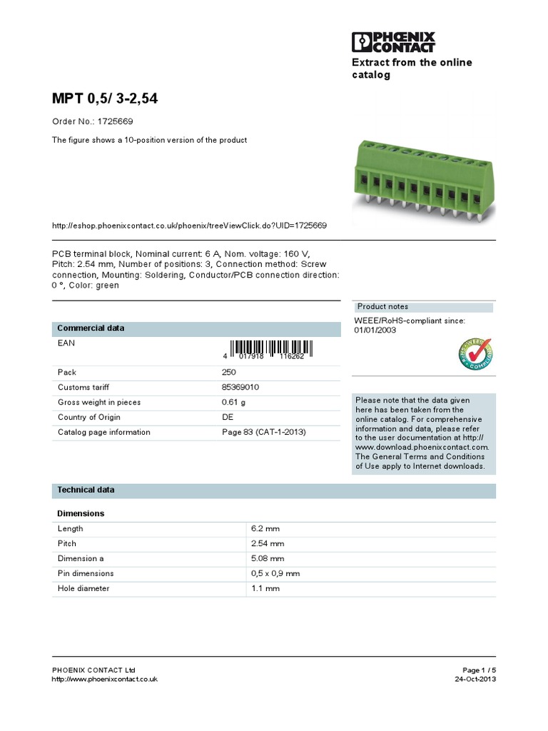 MPT 0.5/3-2.54 Terminal Block Datasheet | PDF | Electricity ...