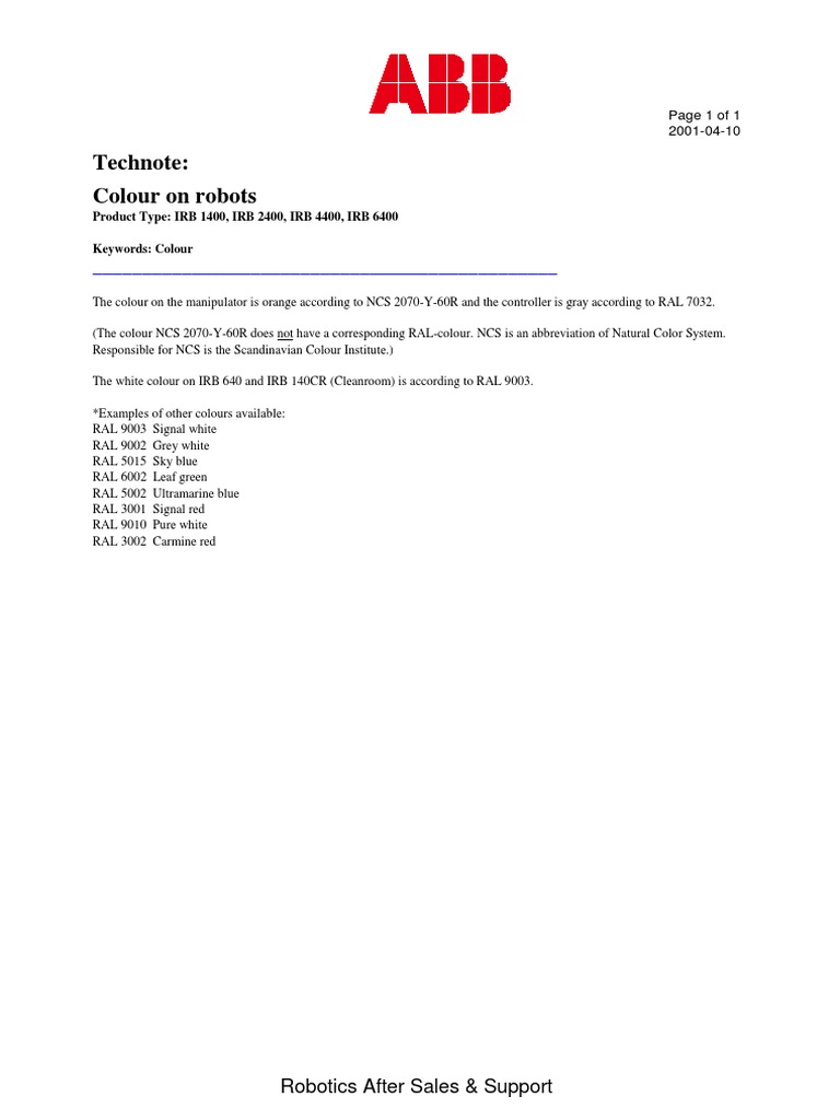 Robot Colour Specifications | PDF