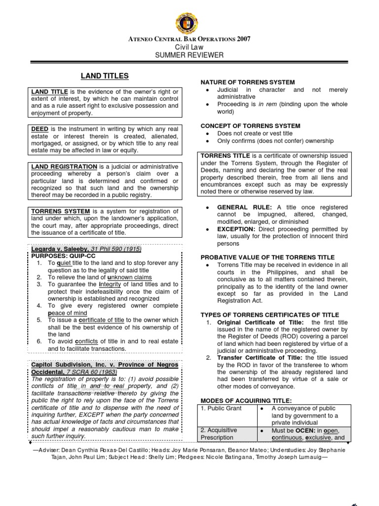 Land Titles: A C B O 2007 Civil Law | PDF | Title (Property) | Judgment ...