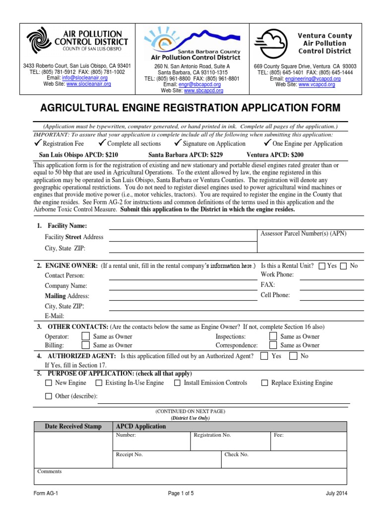 Agricultural Engine Registration Application Form: (District Use Only ...