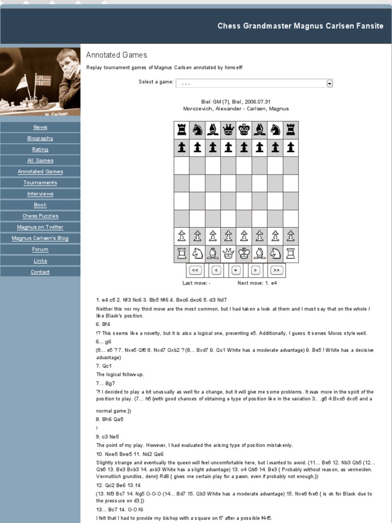 Chess Grandmaster Magnus Carlsen Fansite Annotated Games1 Chess
