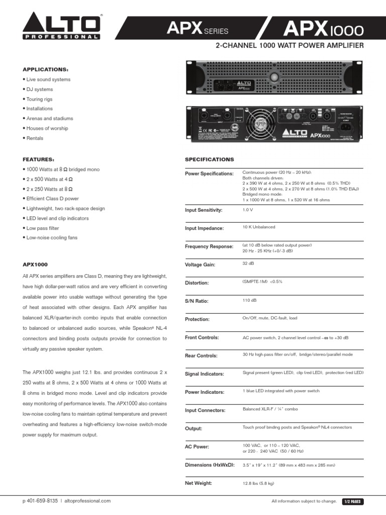 ALTOパワーアンプAPX1000 Alto Professional - LEGACY AMPLIFIERS Series > APX1000