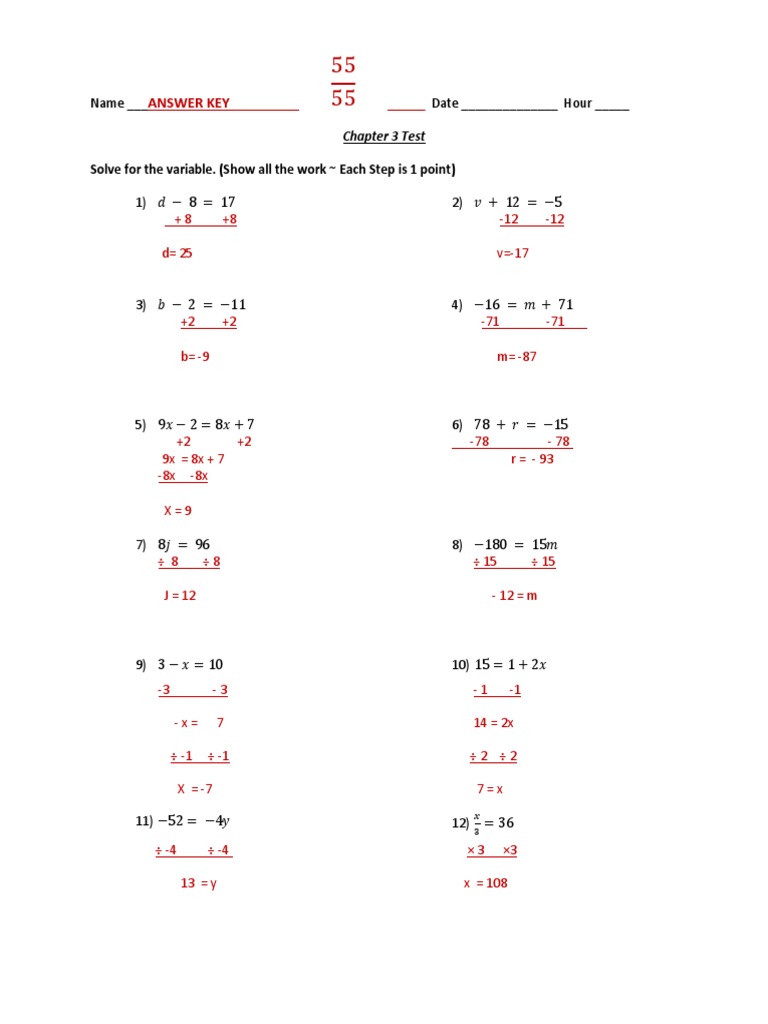 algebra 1 assignment solve each equation answer key