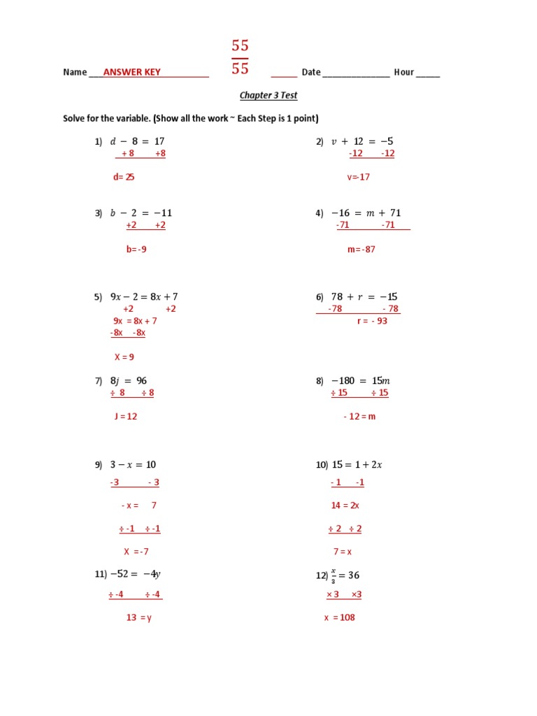 Solving Equations Test Answer Key PDF Teaching Mathematics