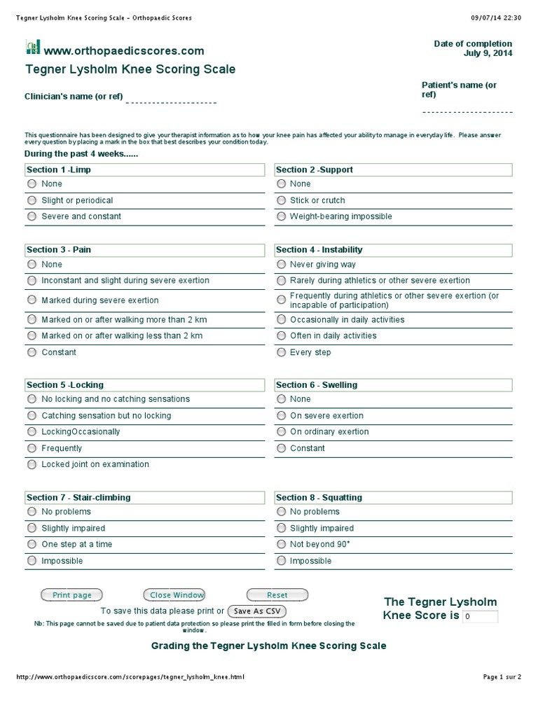 Tegner Lysholm Knee Scoring Scale Orthopaedic Scores Orthopedic