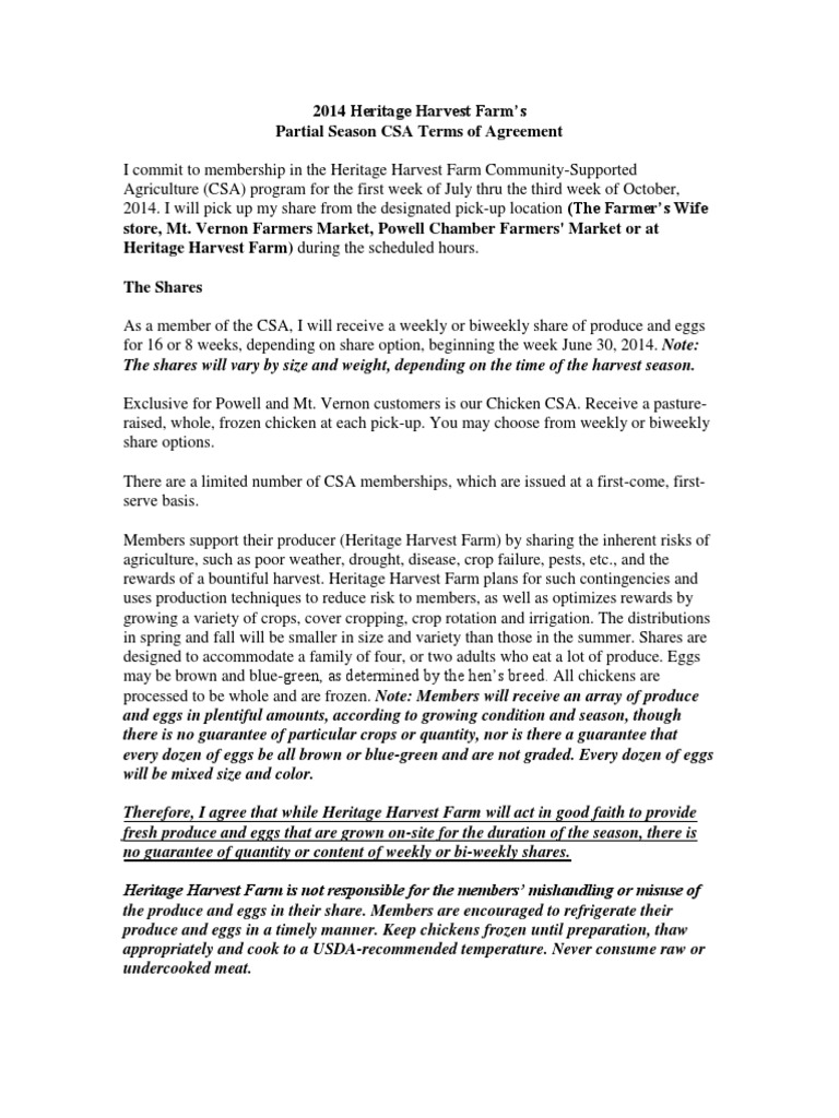 2014 Partial Csa Share Contract PDF Farmer Harvest