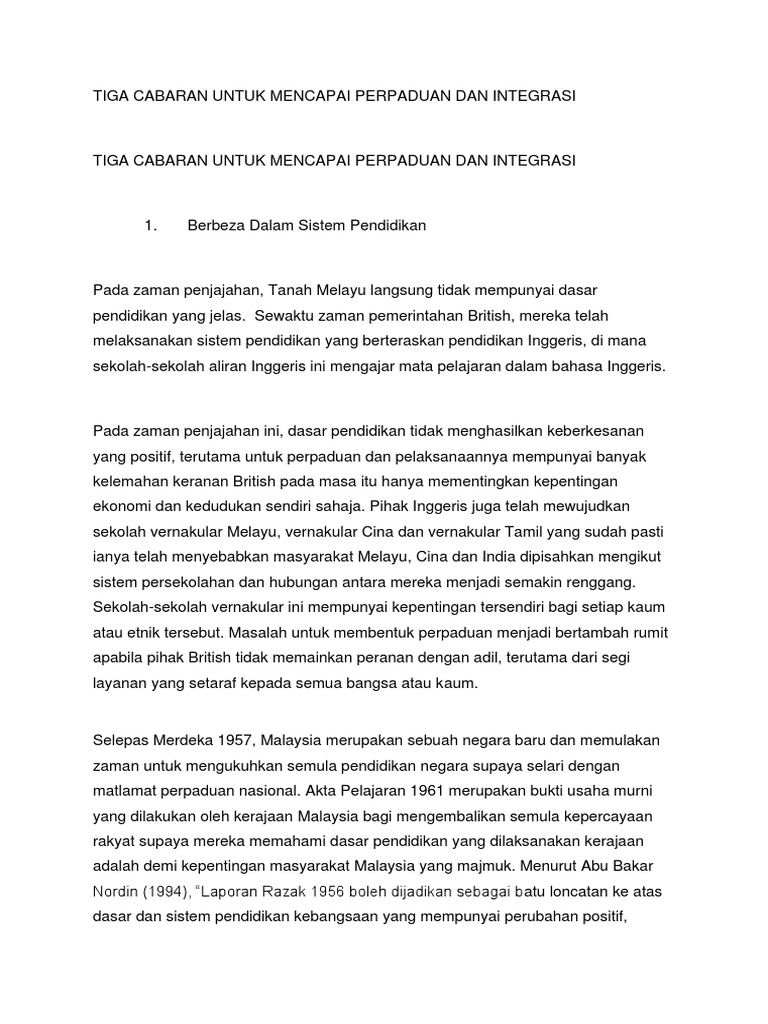 Tiga Cabaran Untuk Mencapai Perpaduan Dan Integrasi  PDF