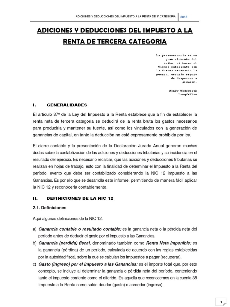 Adiciones y Deducciones Del Impuesto A La Renta de Tercera Categoria ...