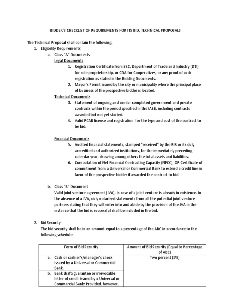 Bidder's Checklist of Requirements For Its Bid, Technical Proposals ...