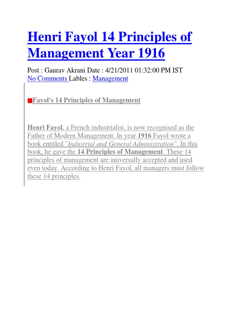 Henri Fayol 14 Principles Of Management Year 1916 - 