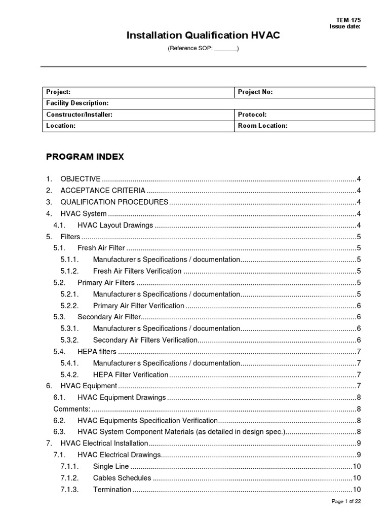 TEM175 Installation Qualification HVAC Sample Specification