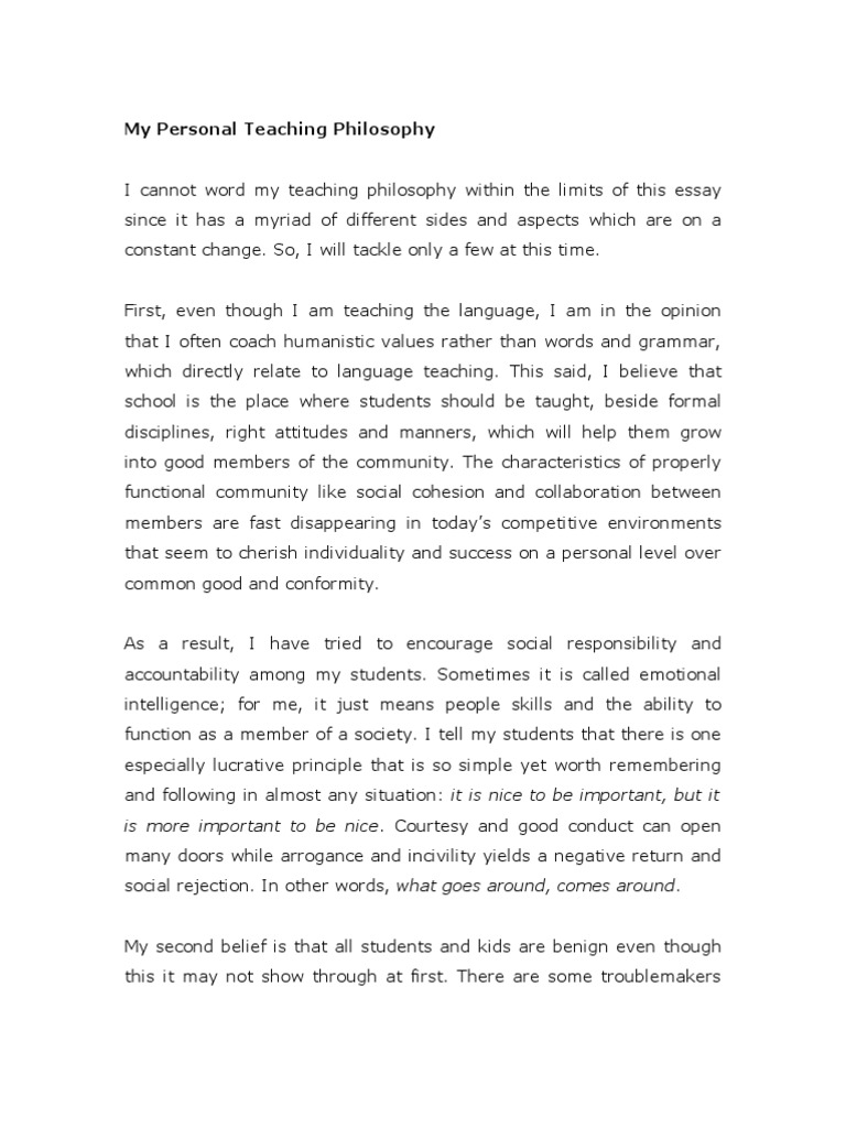 my personal philosophy of teaching and learning education essay pdf