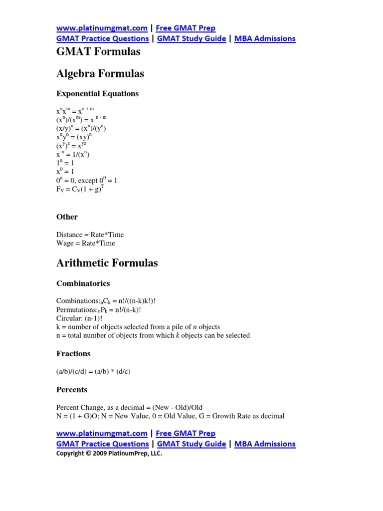 GMAT Formulas Algebra Formulas: Free GMAT Prep GMAT Practice Questions ...