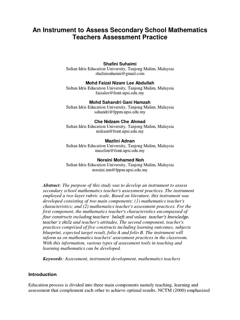 An Instrument To Assess Secondary School Mathematics Teachers ...