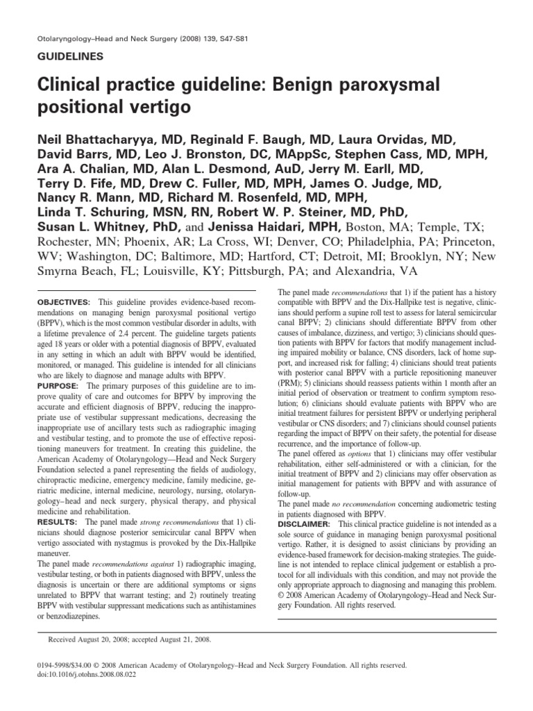 Clinical Practice Guideline: Benign Paroxysmal Positional Vertigo | PDF ...