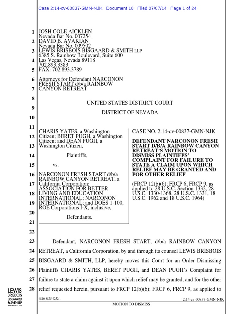 Yates v. Narconon Motion To Dismiss For Failure To State A Claim PDF
