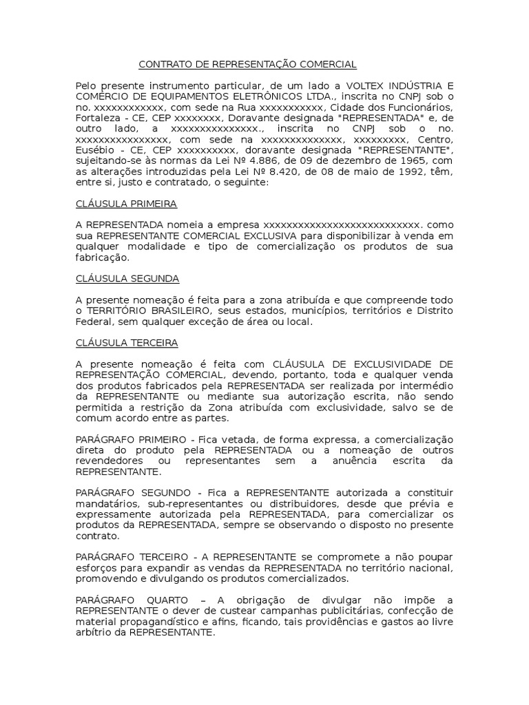 Contrato De Representação Comercial Modelo Pdf Doutrina Lei Das