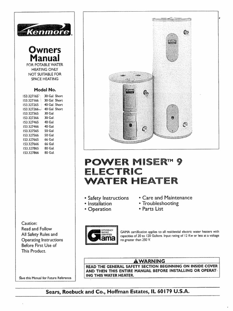 Kenmore Power Miser 9 #153.327466 Manual | PDF | Water Heating | Plumbing