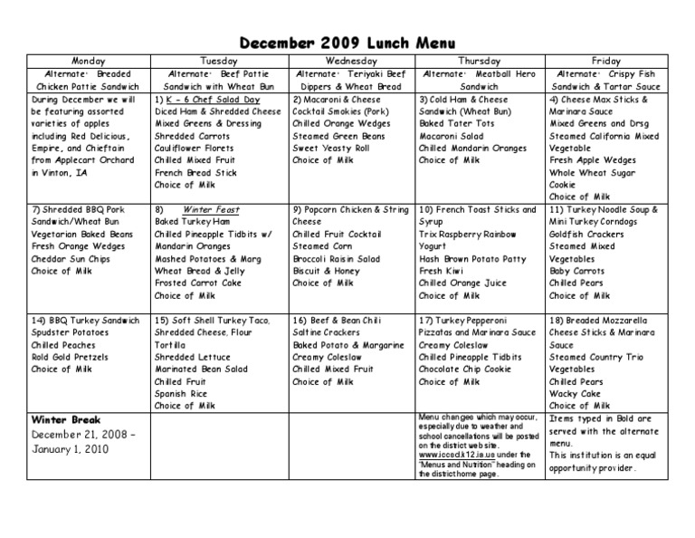 December 2009 School Lunch Menu | PDF | Sandwich | Salad