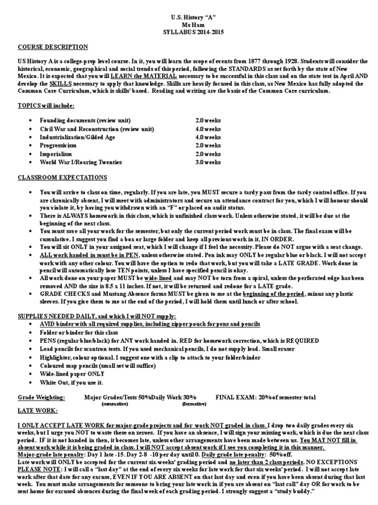 Us History A Syllabus 2014-2015 | PDF | Homework | Teaching And Learning