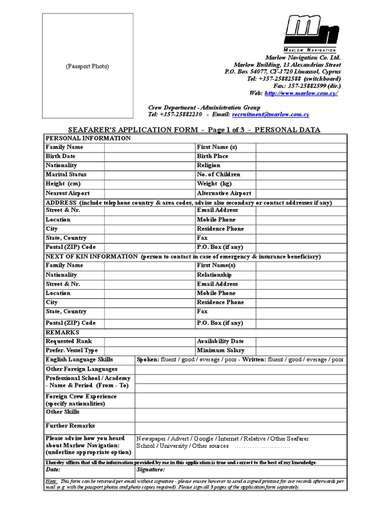 Marlow Navigation Seafarer's Application Form | PDF | Written ...