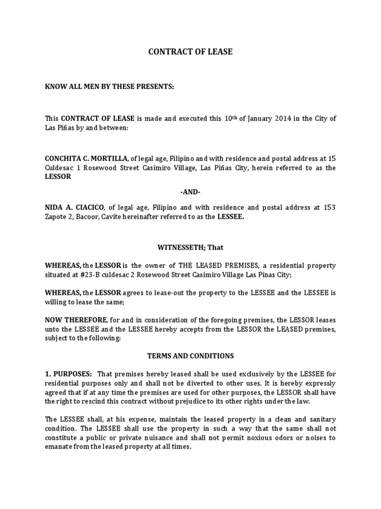 Sample Contract of Lease PDF Lease Renting