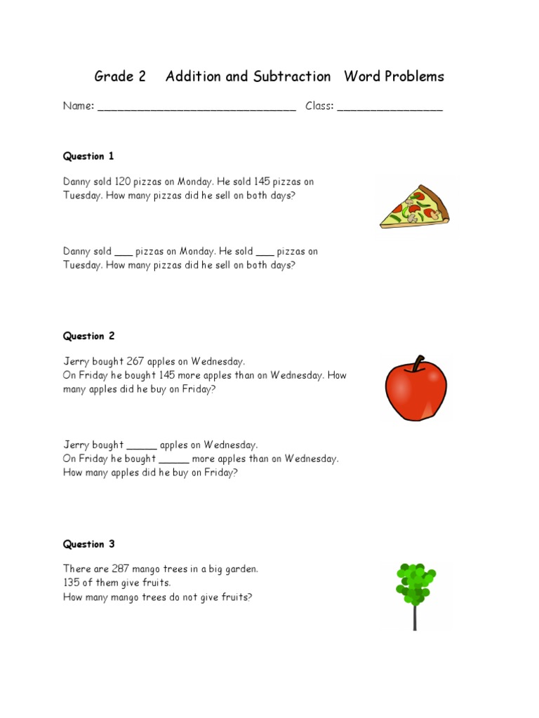 Grade 2 Addition and Subtraction Word Problems: Name: - Class | PDF ...