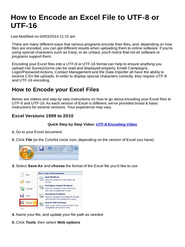 How to encode an excel file to utf 8 or utf 16 pdf microsoft excel