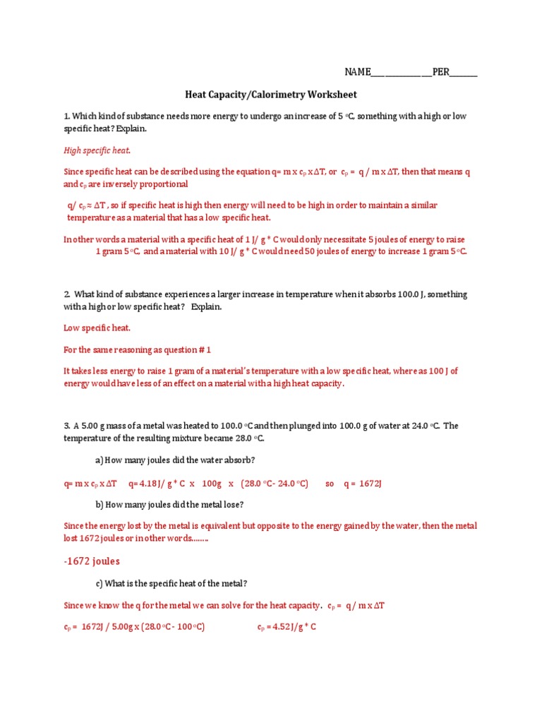 Heat Capacity - Calorimetry Worksheet Answers  PDF  Heat  Heat With Calorimetry Worksheet Answer Key