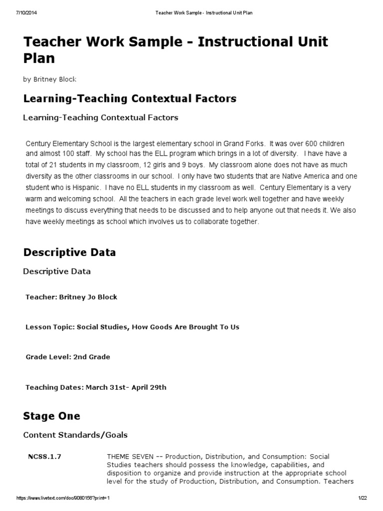 teacher work sample instructional unit plan Differentiated