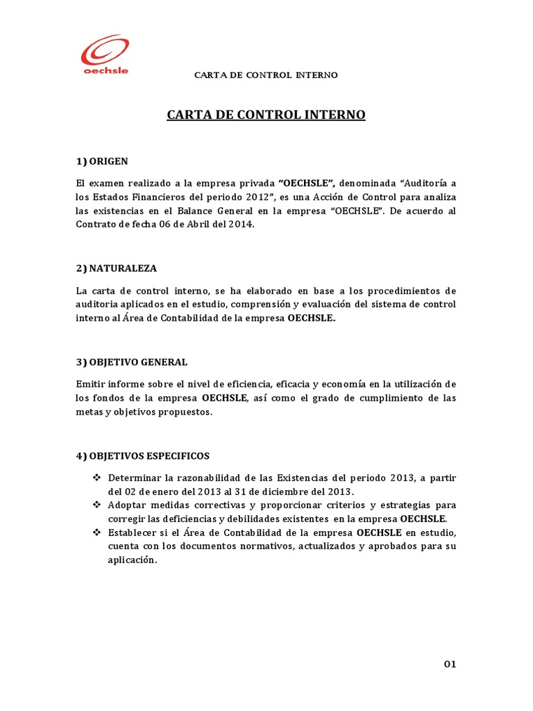Carta de Control Interno  PDF  Auditoría financiera  Contabilidad