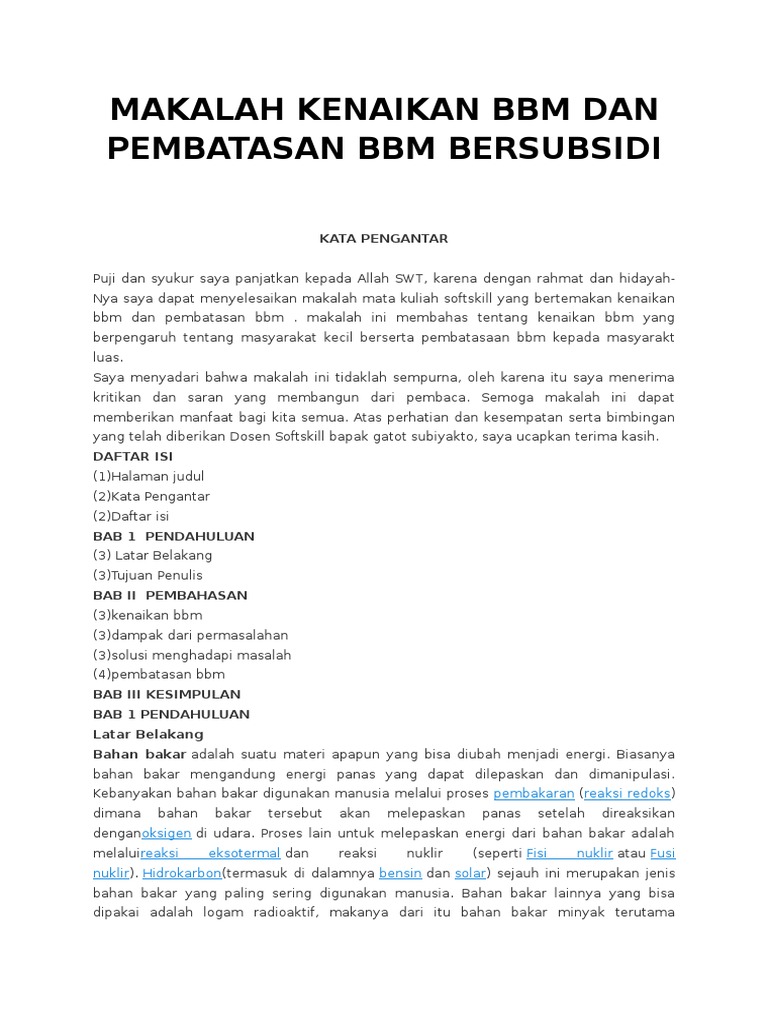 Makalah Kenaikan Bbm Dan Pembatasan Bbm